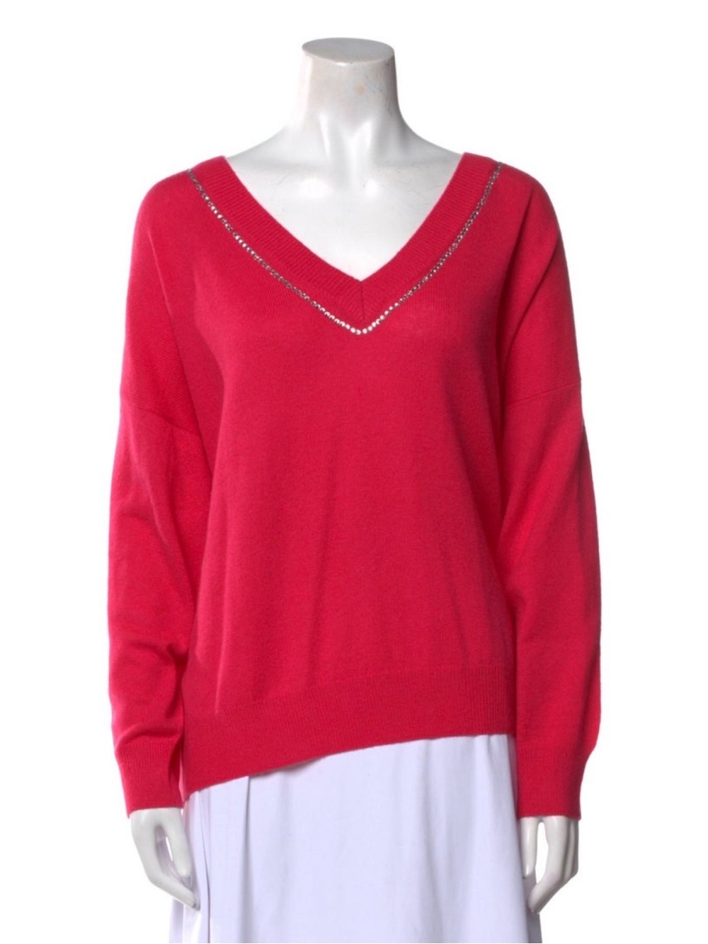 Brodie Cashmere V-Neck Sweater in Bright Pink with Rhinestone Trim